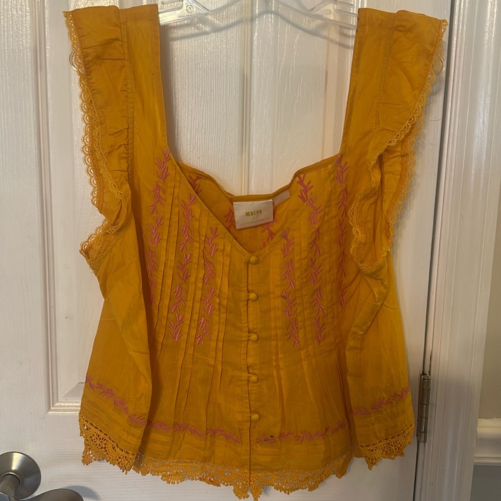 Maeve Flutter Sleeve Pintuck Orange and Pink Embroidered Women's Top